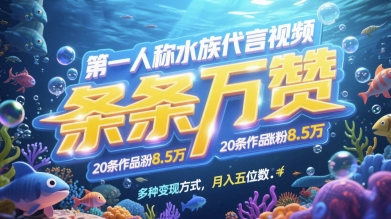 第一人称水族代言视频，条条万赞，20条作品涨粉7.8W，多种变现方式月入五位数-星光网创